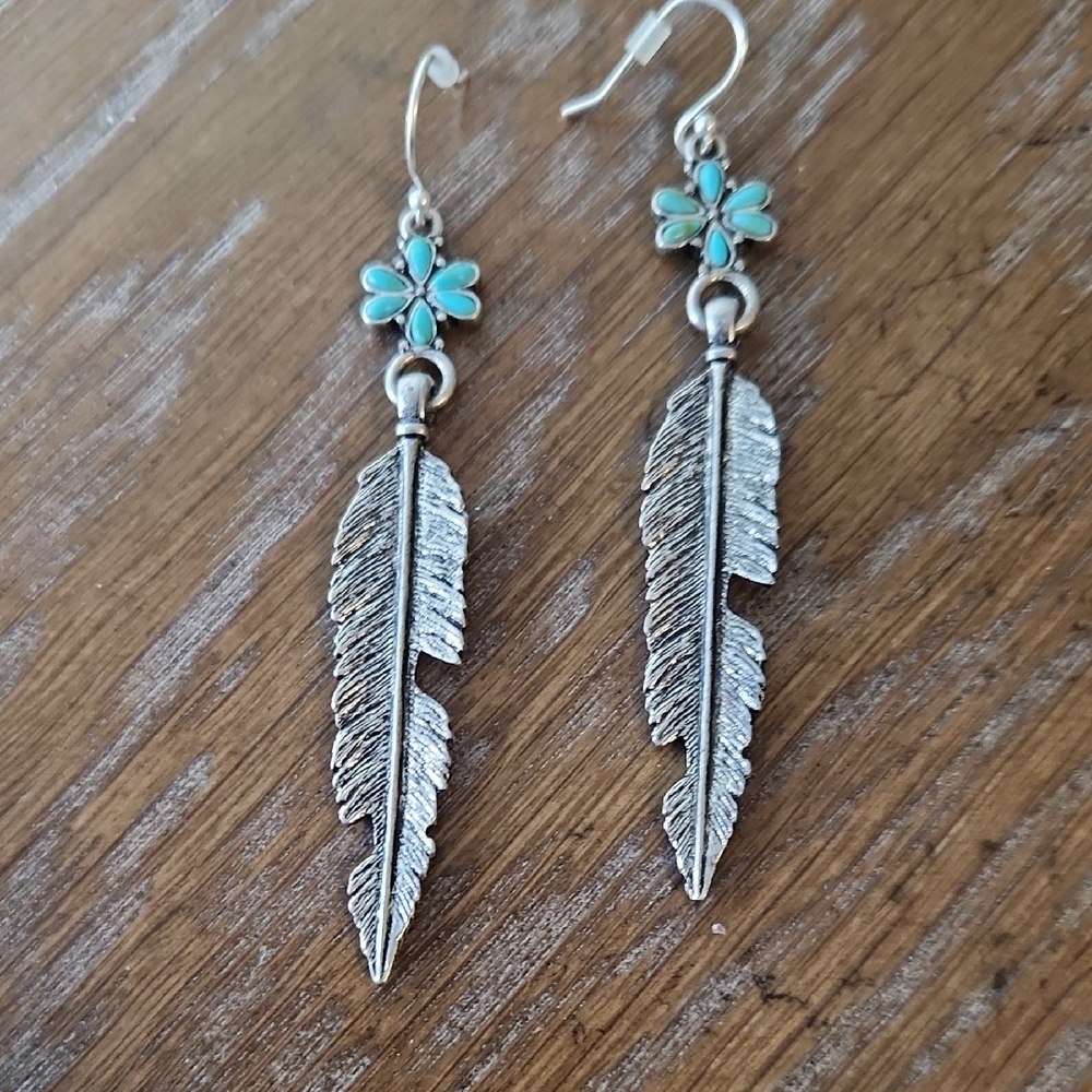 Silver Tone Feather Earrings with Teal Accents